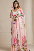 Blush Pink Linen Saree with Printed Watercolor Floral Motifs