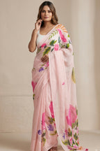 Blush Pink Linen Saree with Printed Watercolor Floral Motifs