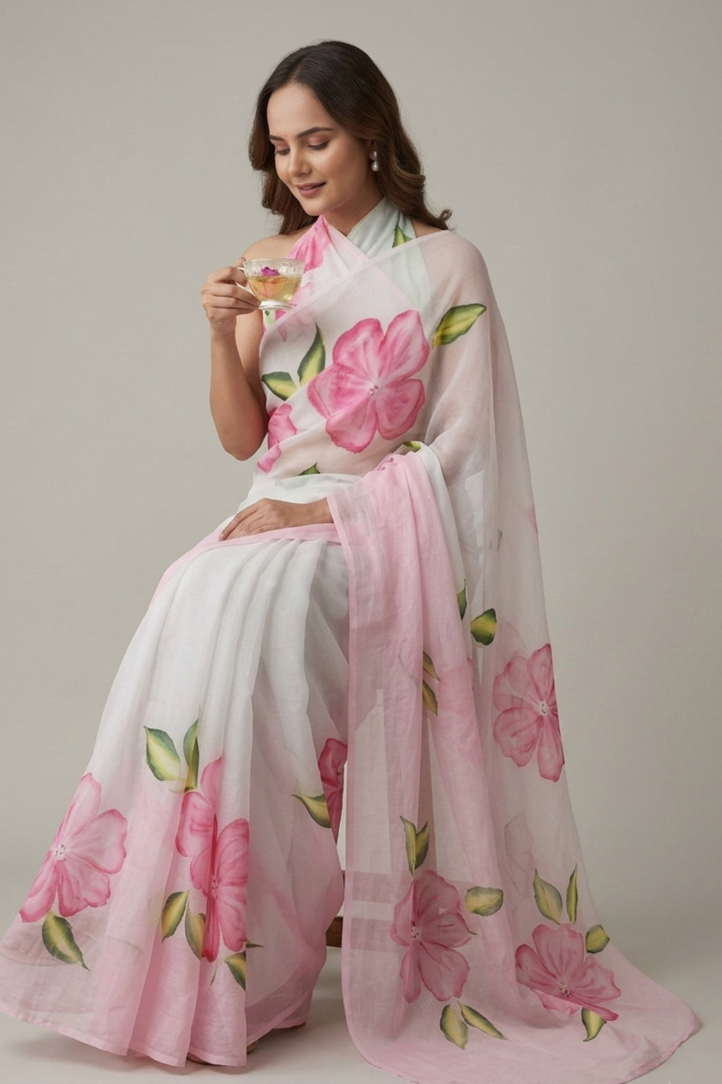 White Linen Saree with Printed Pink Hibiscus Motifs & Ombre Border