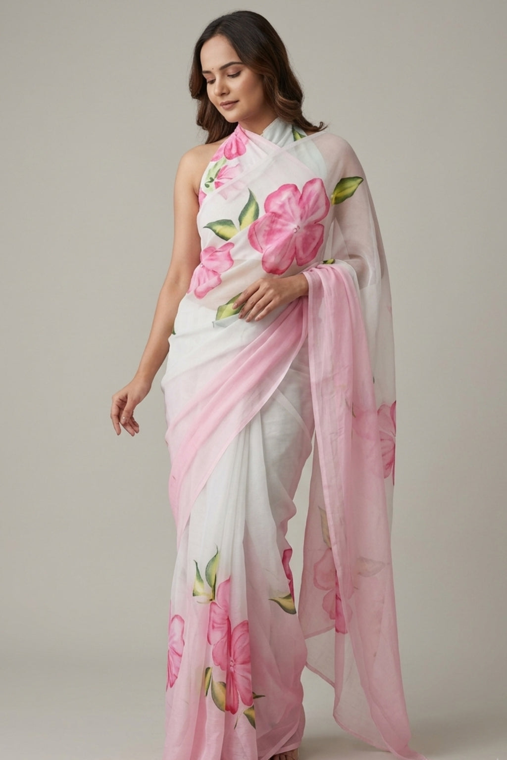 White Linen Saree with Printed Pink Hibiscus Motifs & Ombre Border