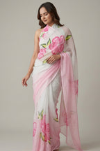 White Linen Saree with Printed Pink Hibiscus Motifs & Ombre Border