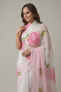 White Linen Saree with Printed Pink Hibiscus Motifs & Ombre Border
