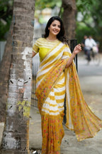 Yellow & White Striped Linen Saree with Printed Floral Panels