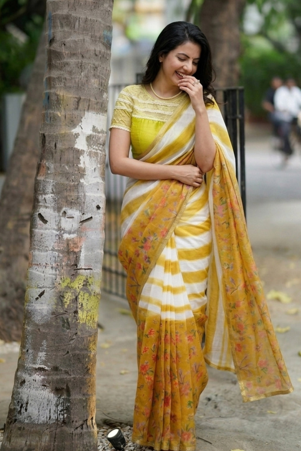 Yellow & White Striped Linen Saree with Printed Floral Panels