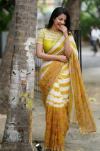 Yellow & White Striped Linen Saree with Printed Floral Panels