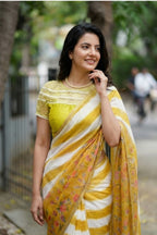Yellow & White Striped Linen Saree with Printed Floral Panels
