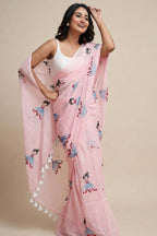 Powder Pink Linen Saree with Printed Whimsical Doll Motifs