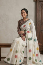 Ivory Linen Saree with Printed Multicolor Polka Dot Motifs