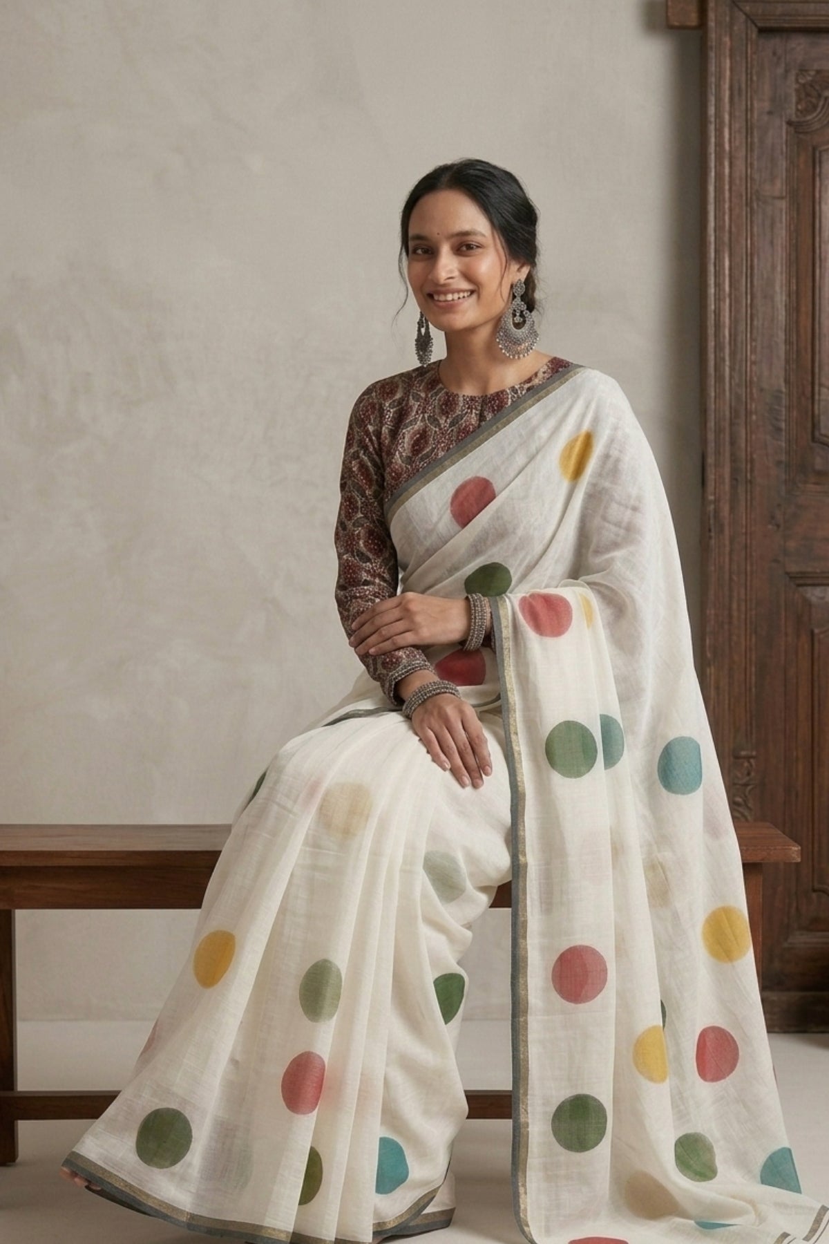 Ivory Linen Saree with Printed Multicolor Polka Dot Motifs