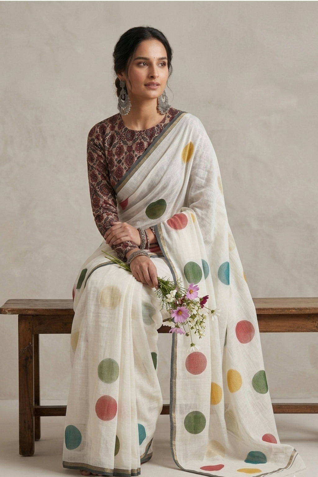 Ivory Linen Saree with Printed Multicolor Polka Dot Motifs