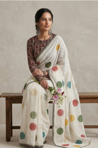 Ivory Linen Saree with Printed Multicolor Polka Dot Motifs