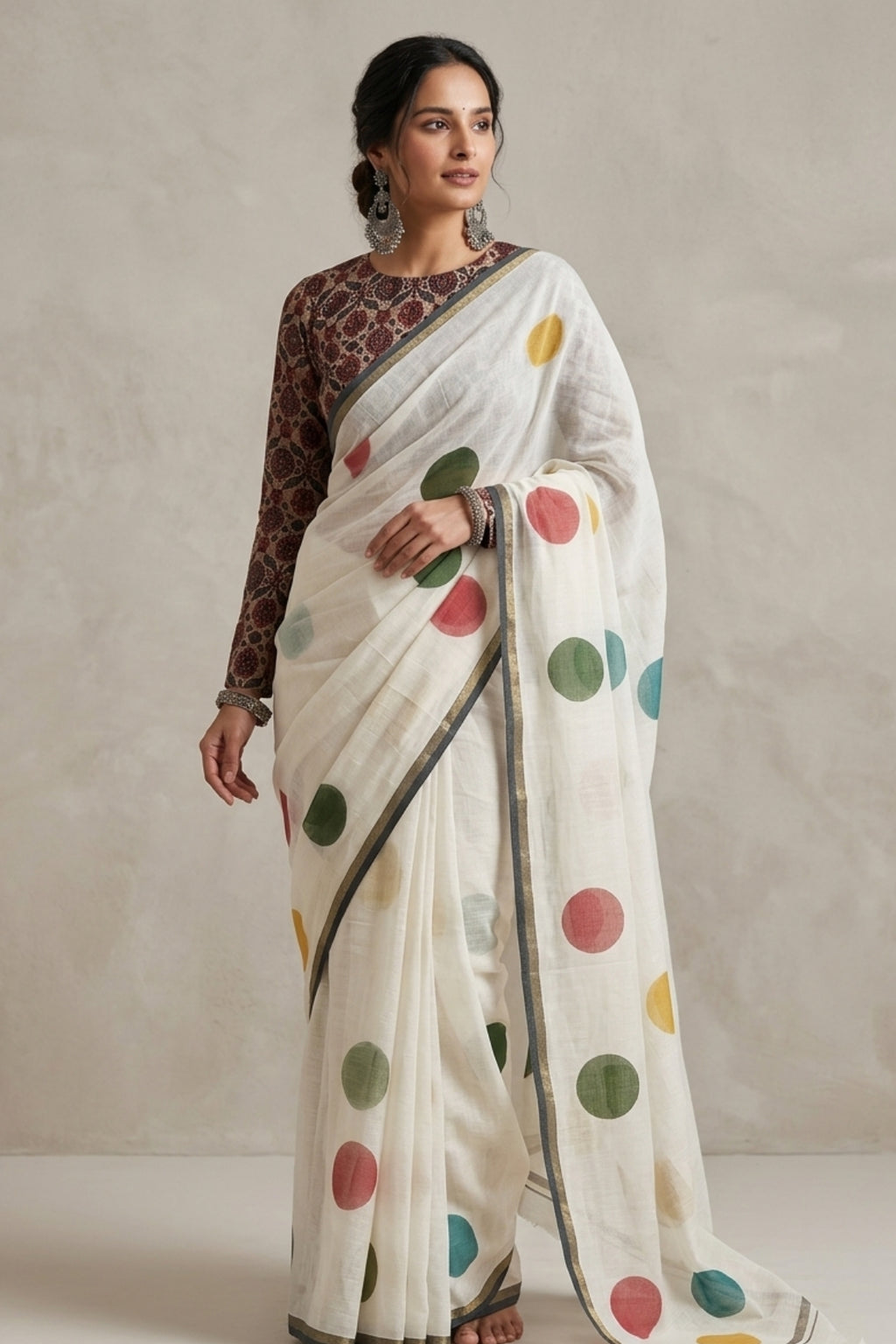 Ivory Linen Saree with Printed Multicolor Polka Dot Motifs