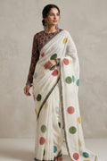 Ivory Linen Saree with Printed Multicolor Polka Dot Motifs