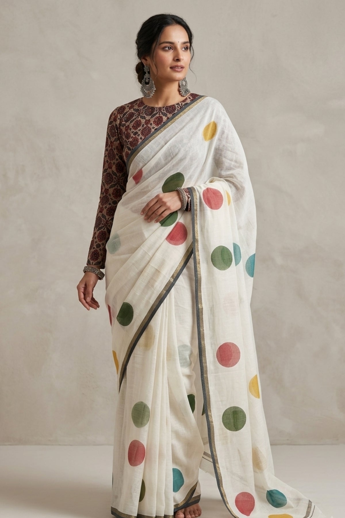Ivory Linen Saree with Printed Multicolor Polka Dot Motifs