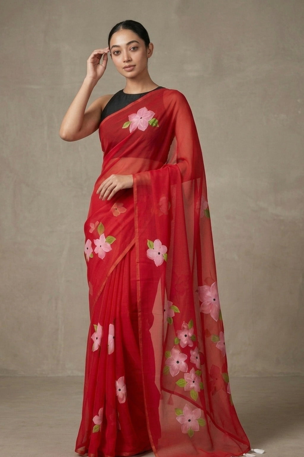 Red Sheer Linen Saree with Printed Pink Floral Motifs
