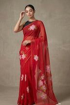 Red Sheer Linen Saree with Printed Pink Floral Motifs