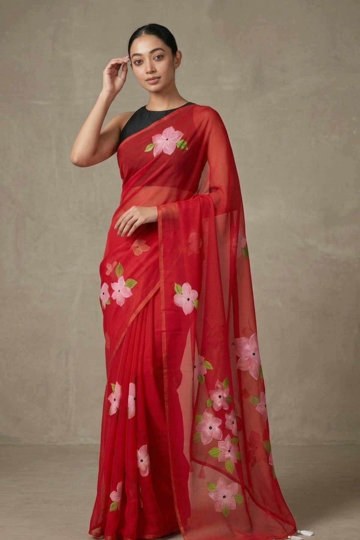 Red Sheer Linen Saree with Printed Pink Floral Motifs
