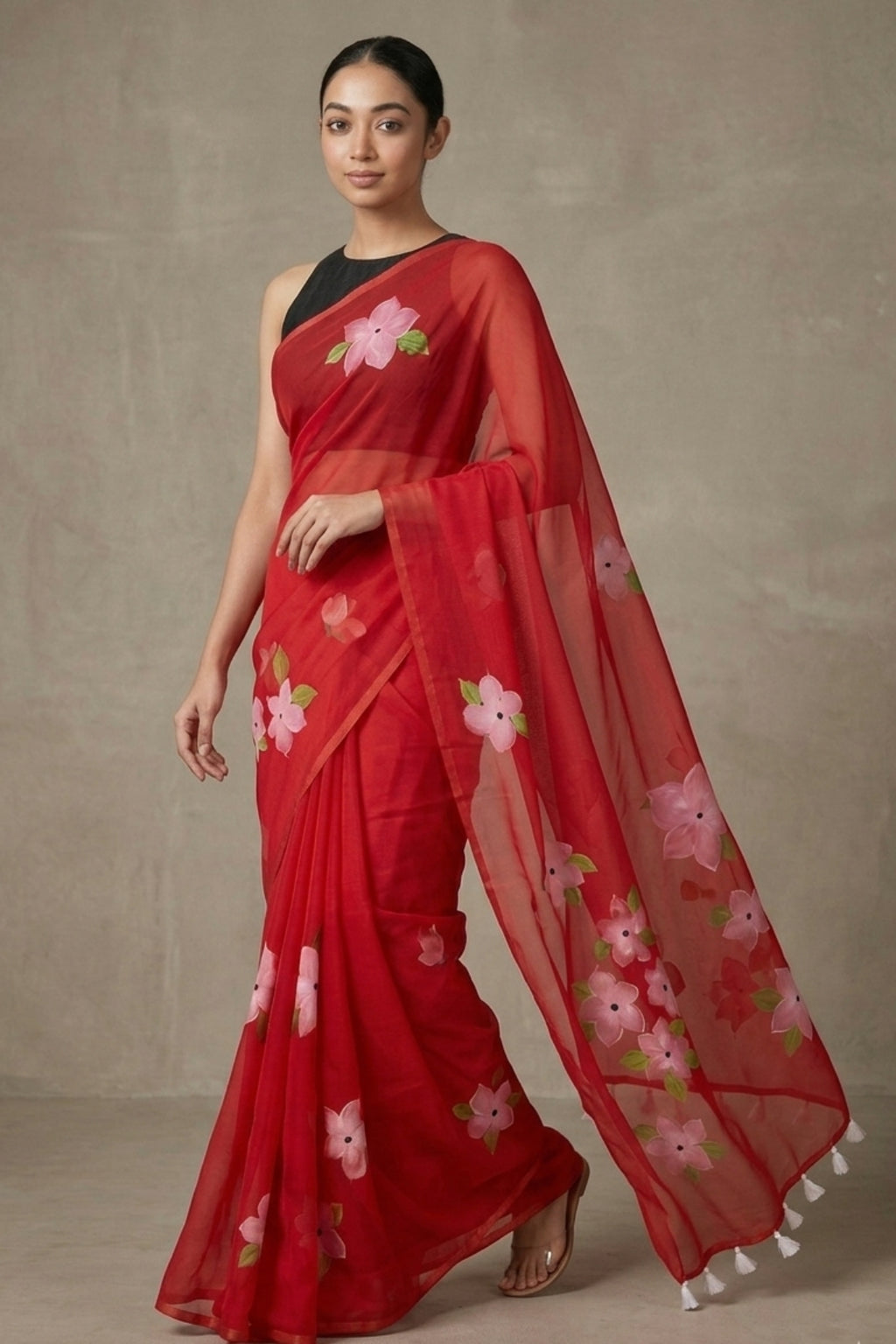 Red Sheer Linen Saree with Printed Pink Floral Motifs