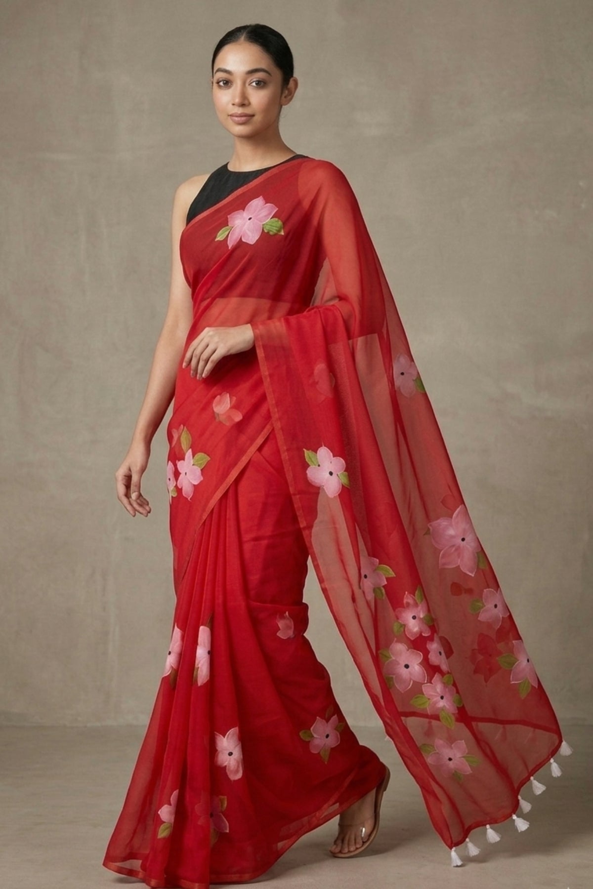 Red Sheer Linen Saree with Printed Pink Floral Motifs