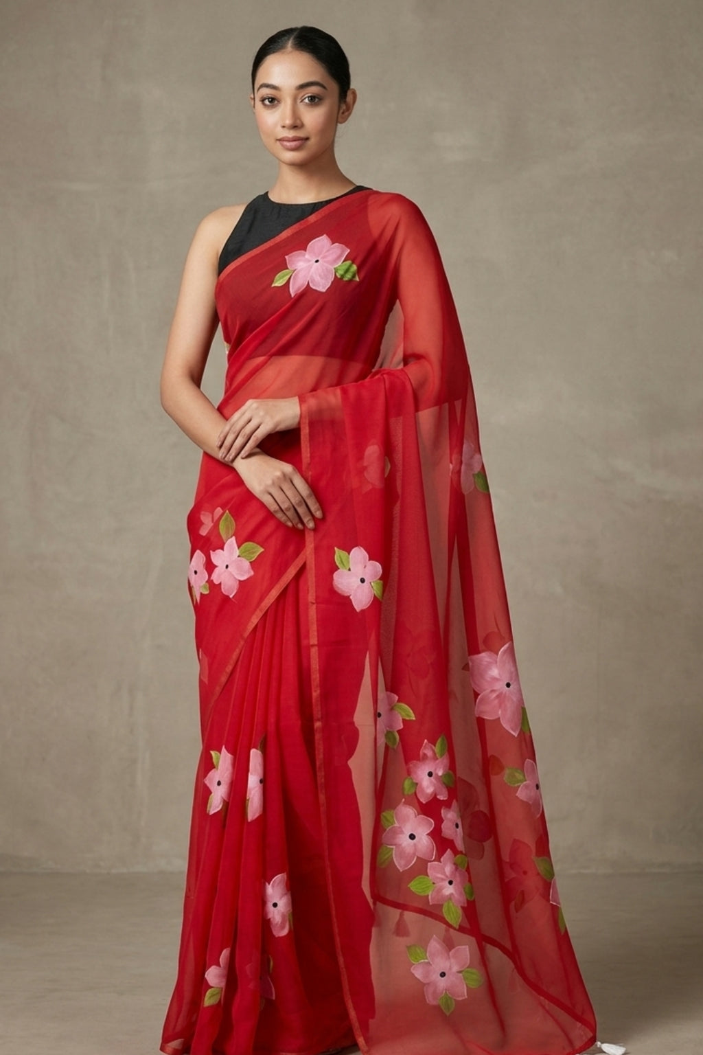Red Sheer Linen Saree with Printed Pink Floral Motifs