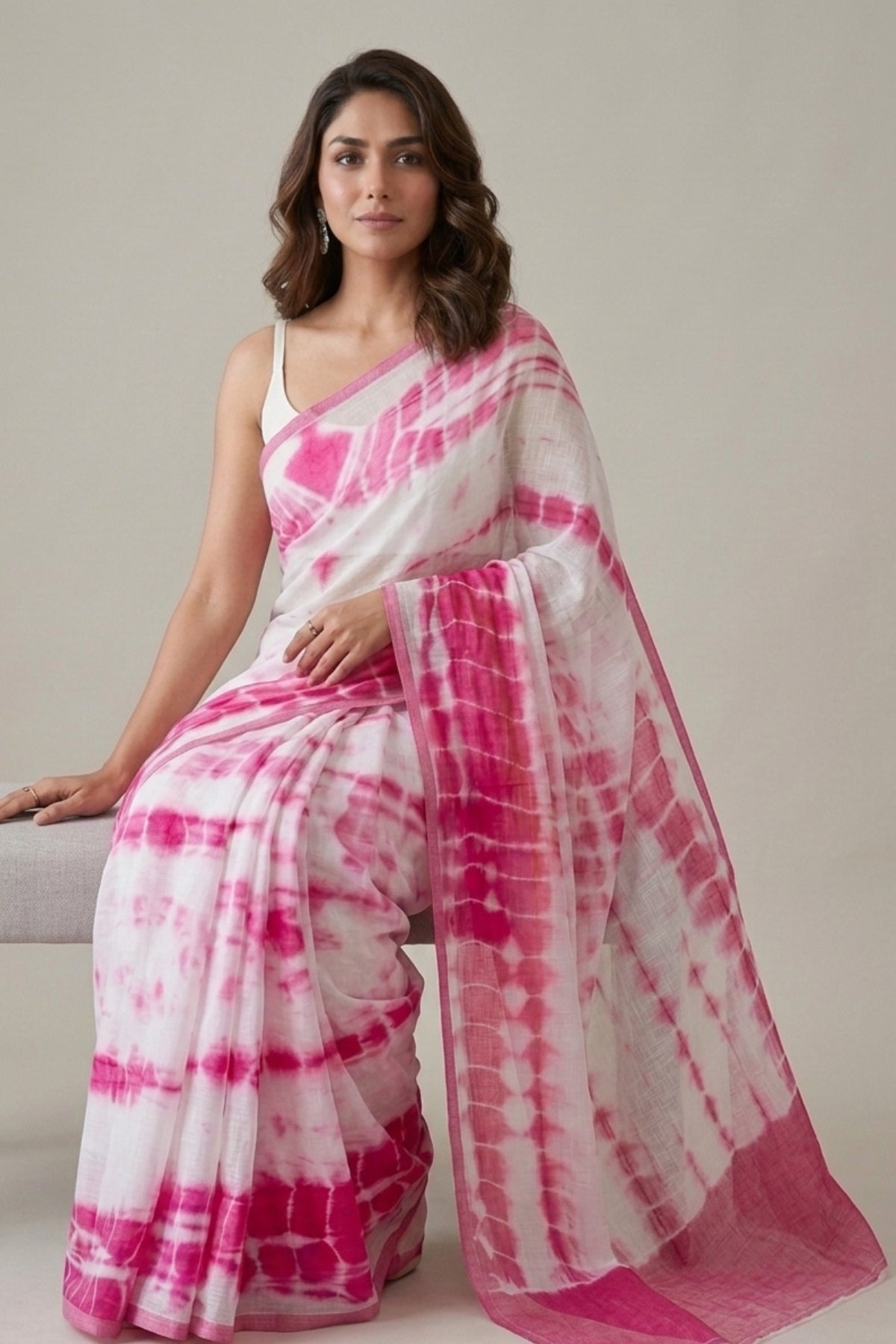 White & Pink Shibori Print Linen Saree with Solid Pink Border