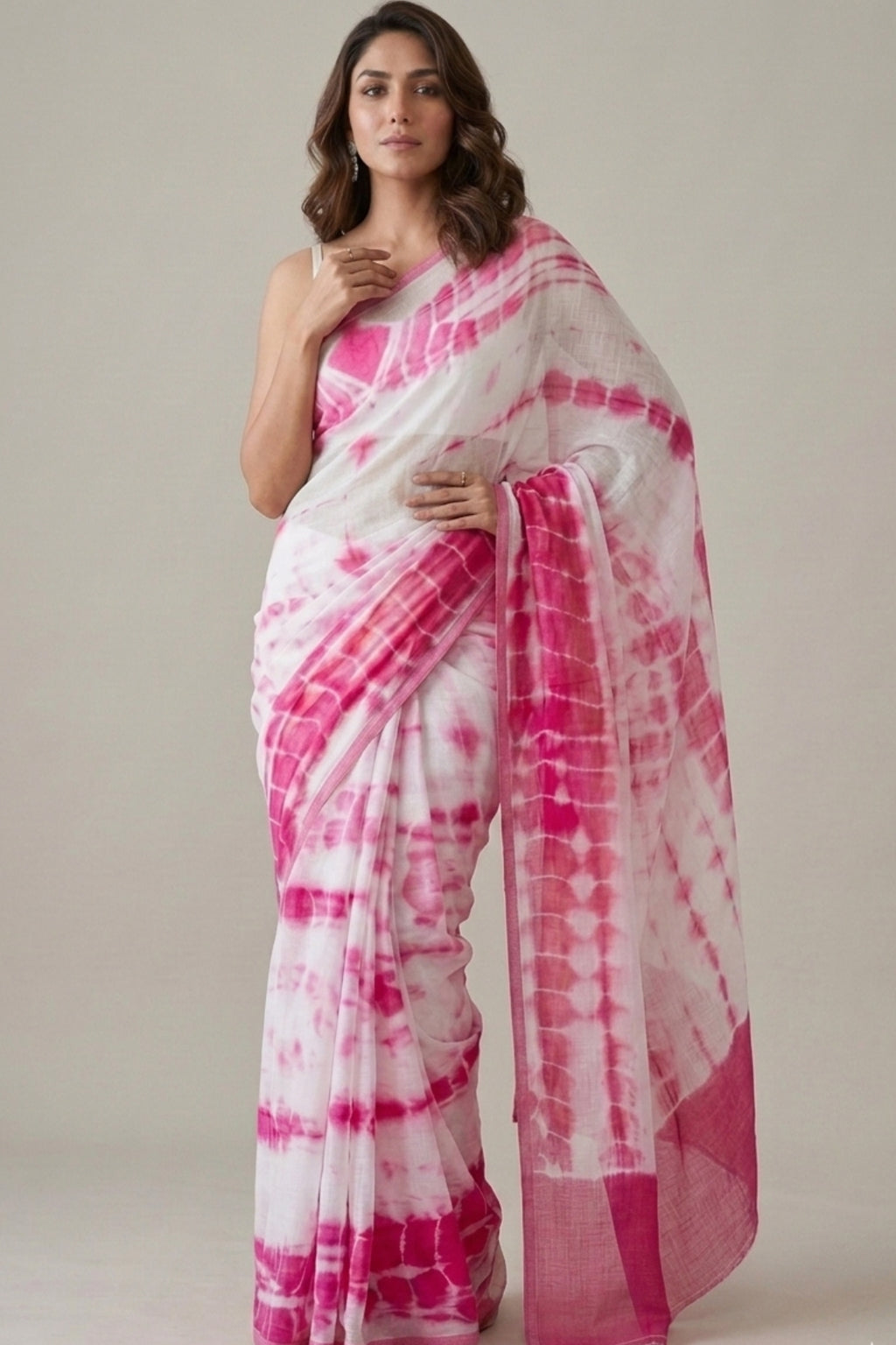 White & Pink Shibori Print Linen Saree with Solid Pink Border