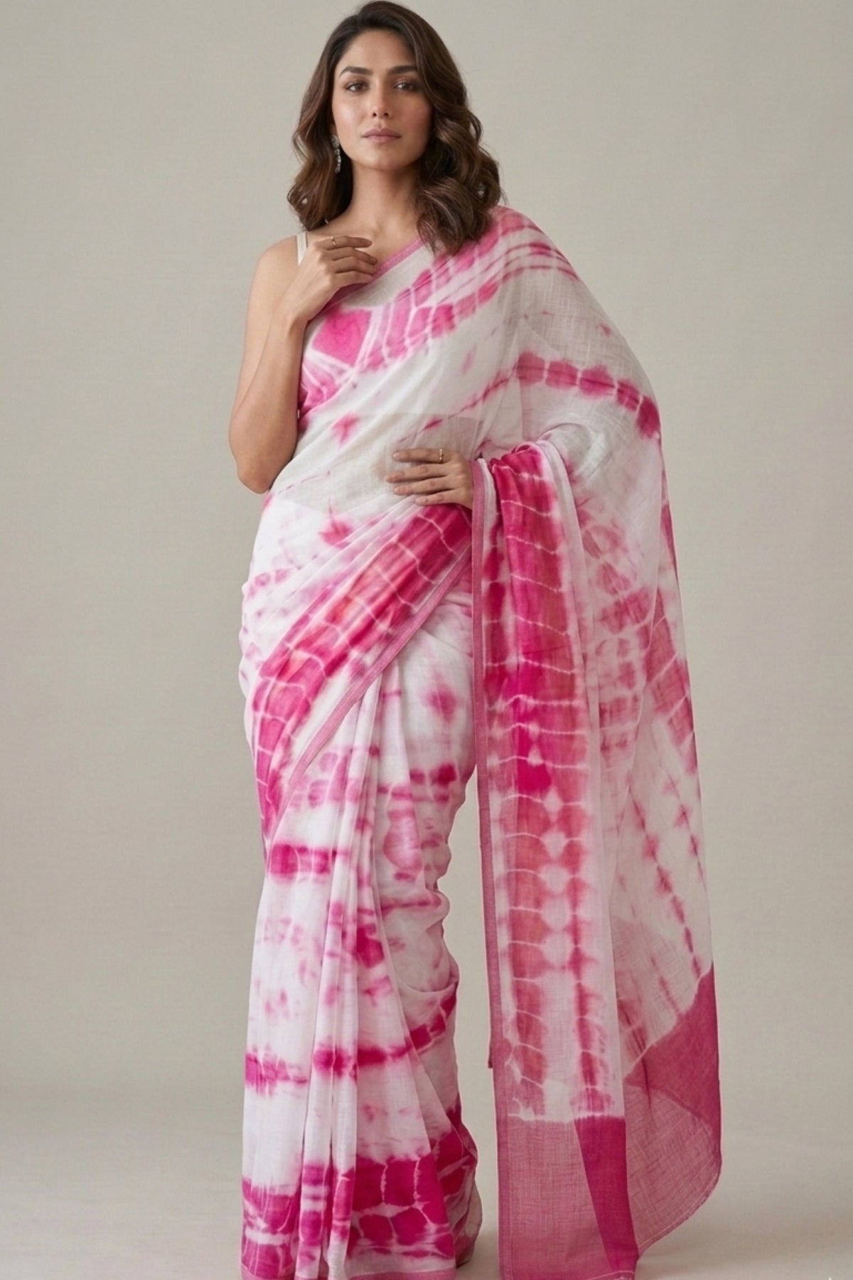 White & Pink Shibori Print Linen Saree with Solid Pink Border