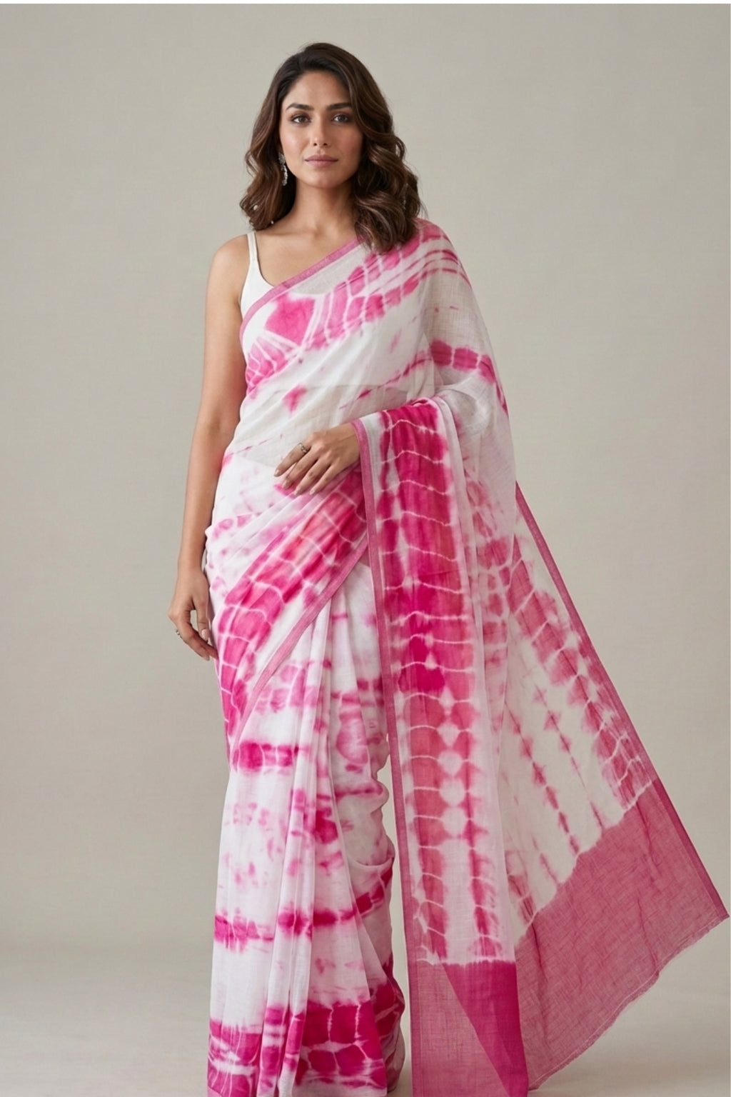 White & Pink Shibori Print Linen Saree with Solid Pink Border