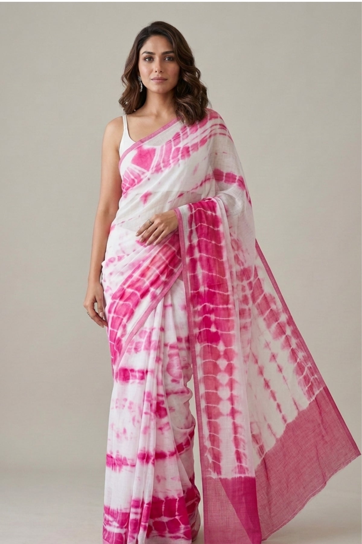 White & Pink Shibori Print Linen Saree with Solid Pink Border