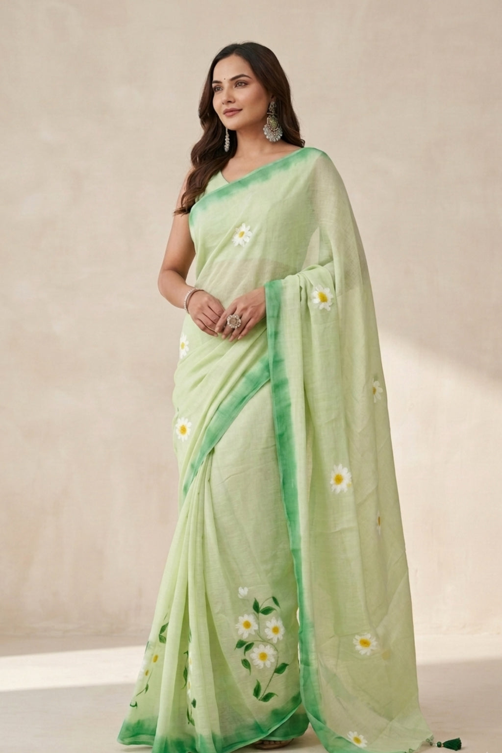 Pastel Green Linen Saree with Printed Daisy Motifs & Dark Green Border