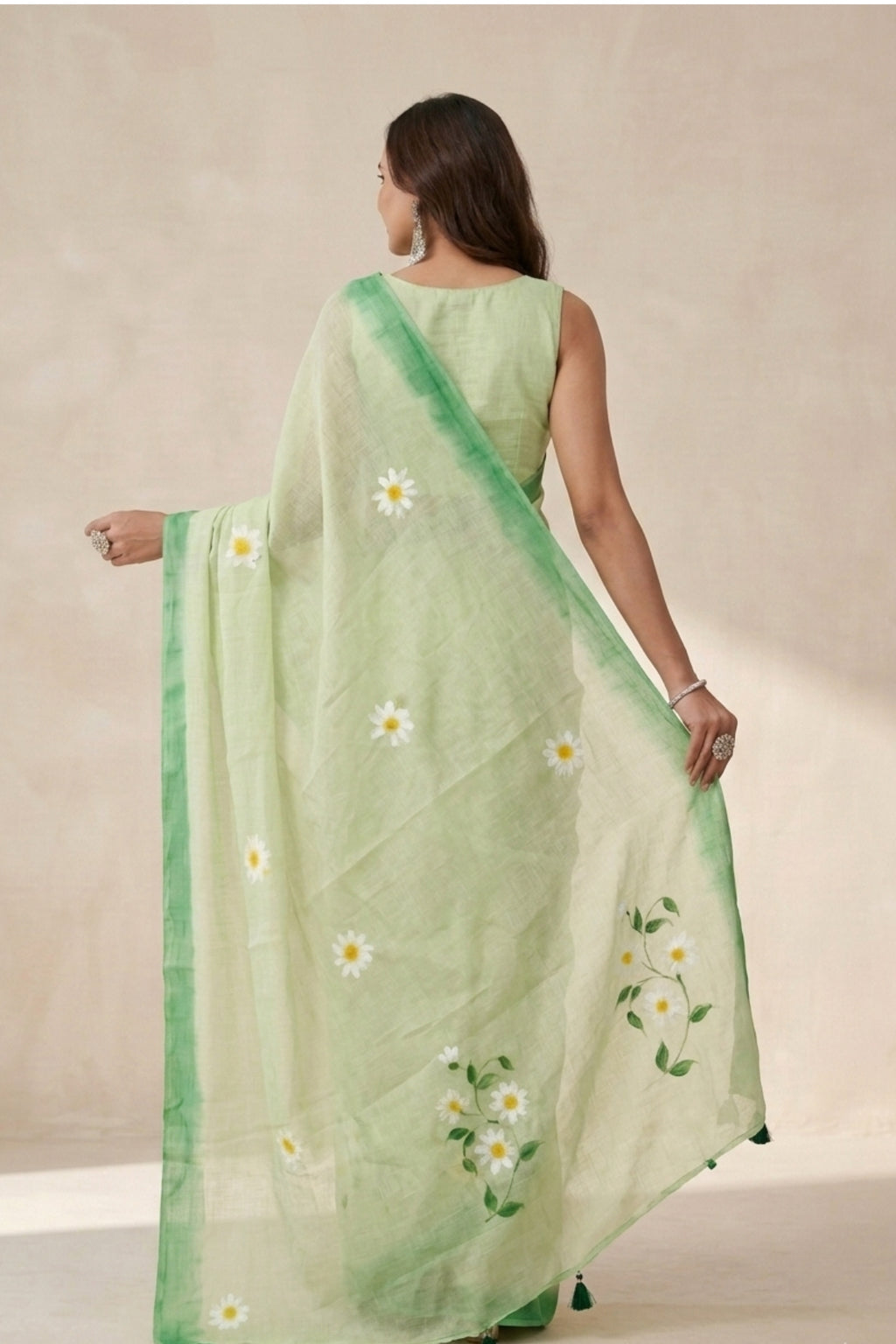 Pastel Green Linen Saree with Printed Daisy Motifs & Dark Green Border