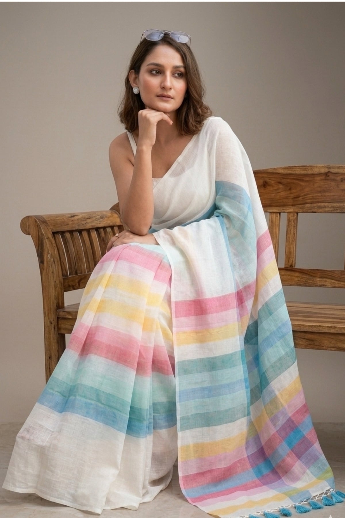 White Linen Saree with Printed Pastel Rainbow Stripes