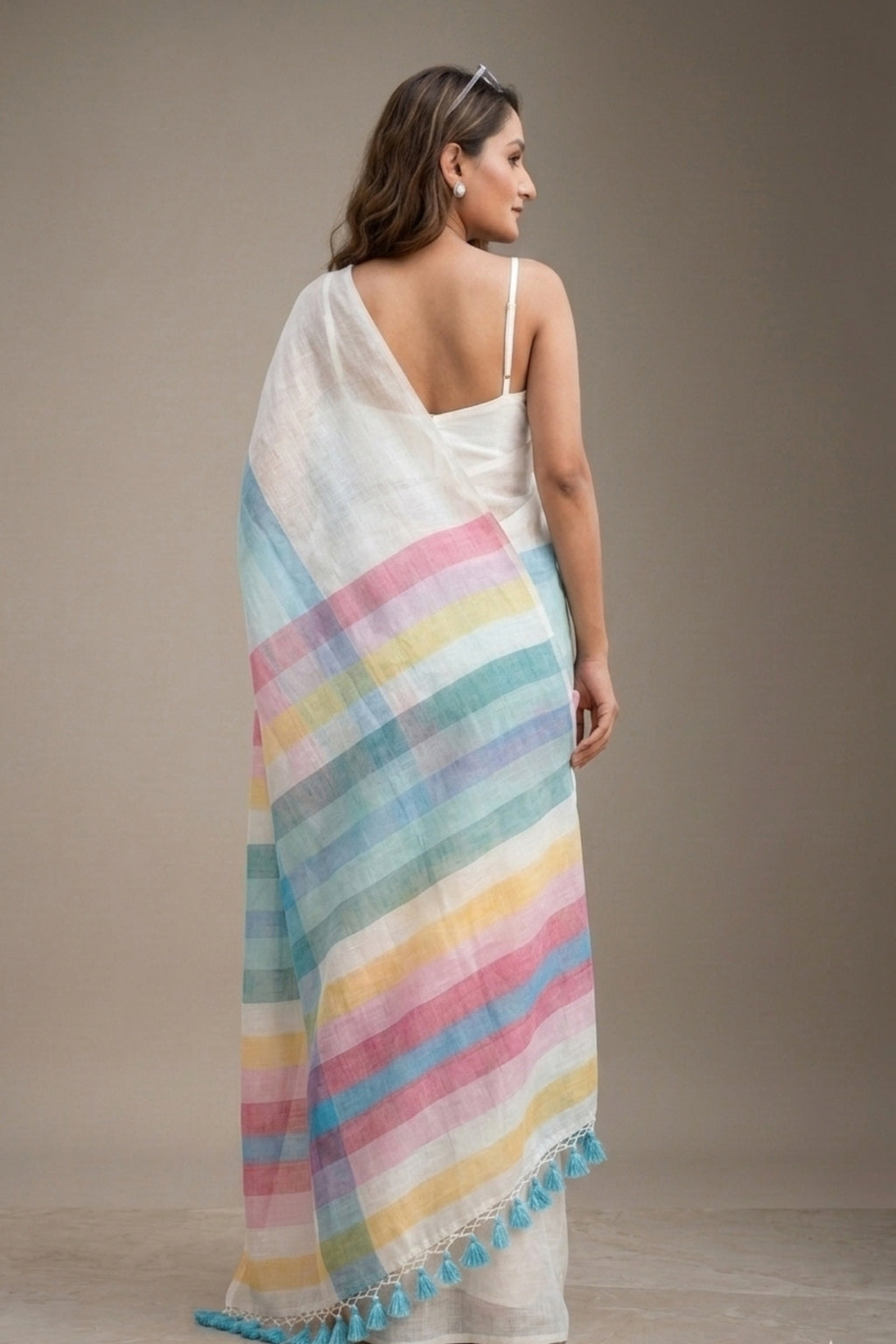 White Linen Saree with Printed Pastel Rainbow Stripes