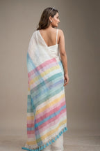 White Linen Saree with Printed Pastel Rainbow Stripes