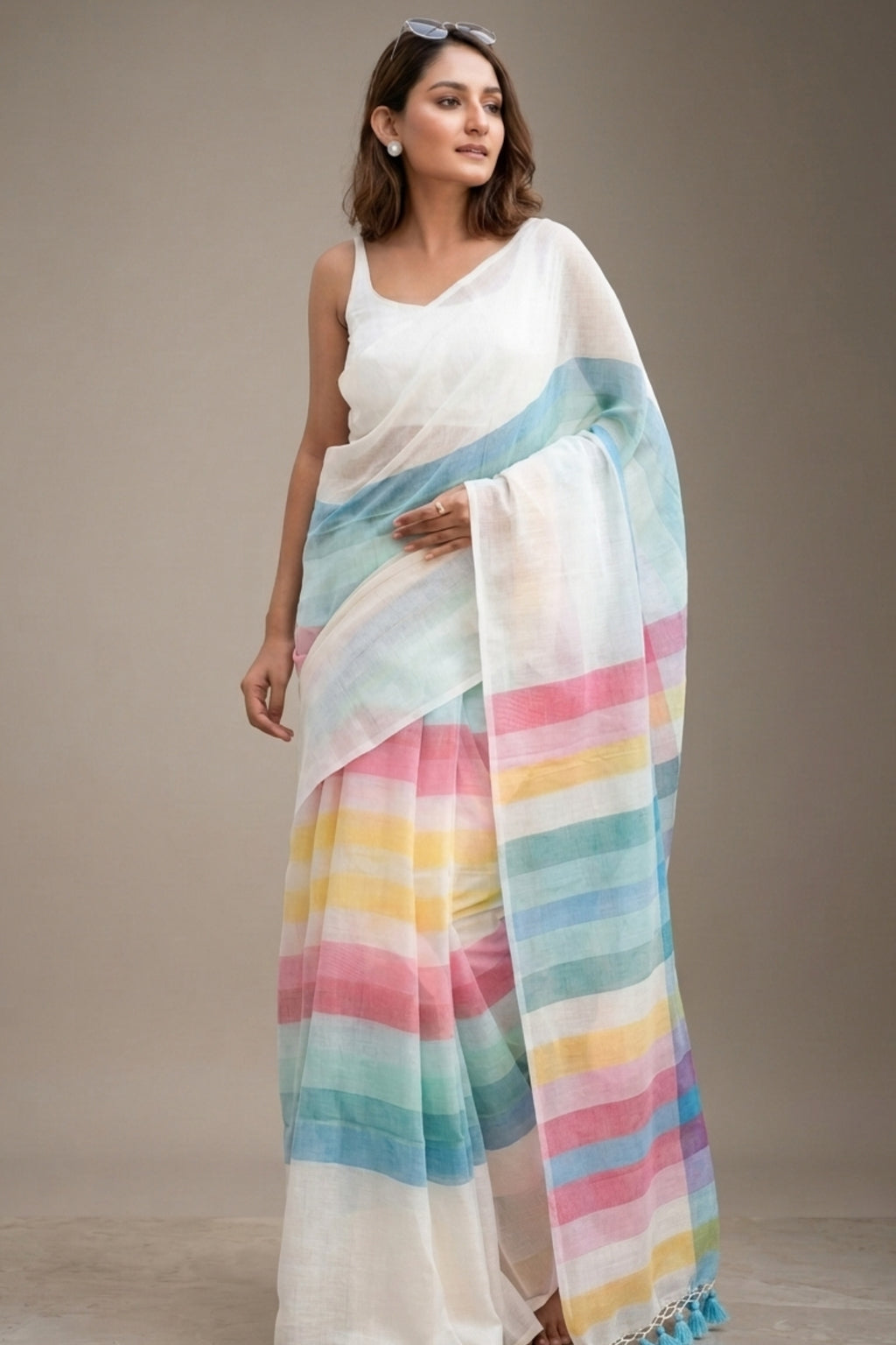 White Linen Saree with Printed Pastel Rainbow Stripes