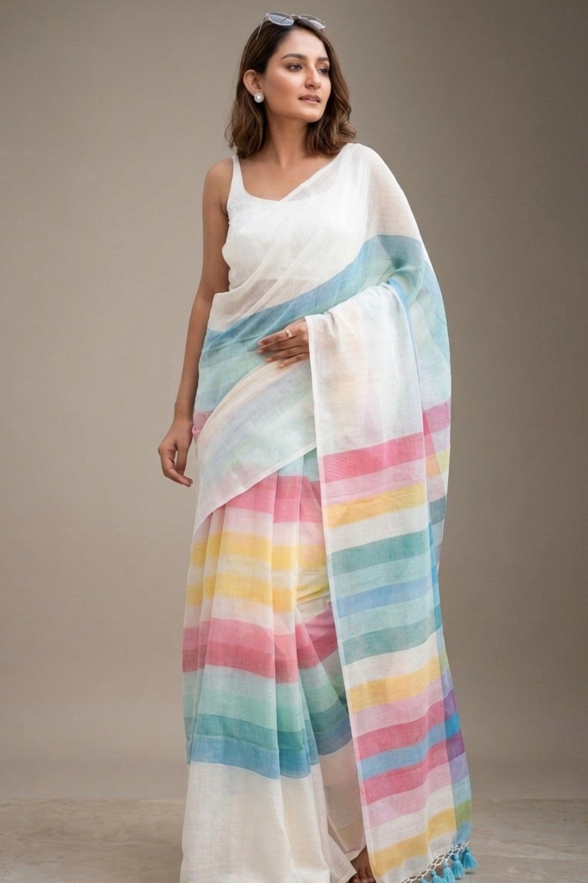 White Linen Saree with Printed Pastel Rainbow Stripes
