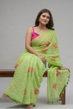 Lime Green Linen Saree with Printed Coral Floral Motifs