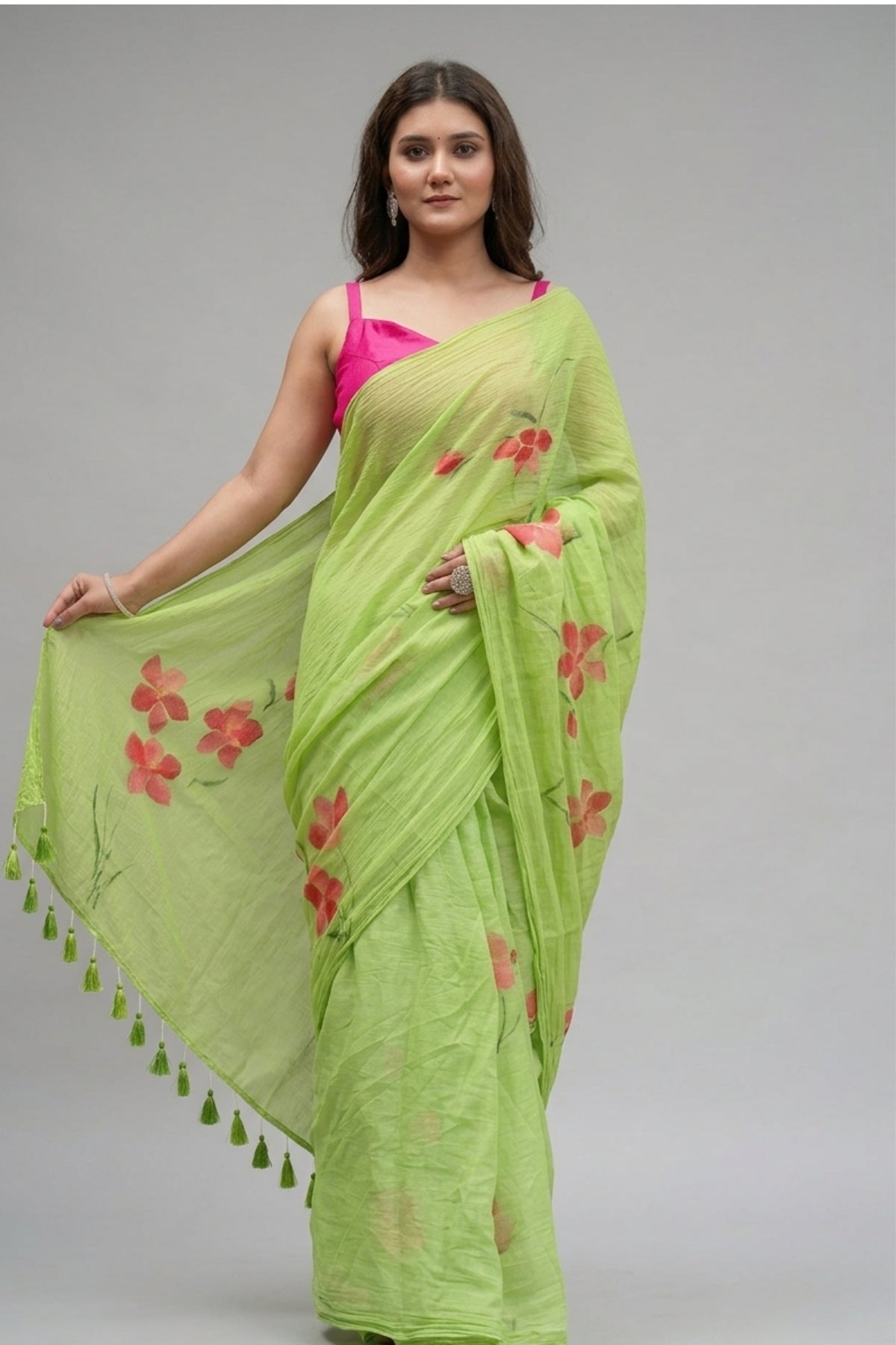 Lime Green Linen Saree with Printed Coral Floral Motifs