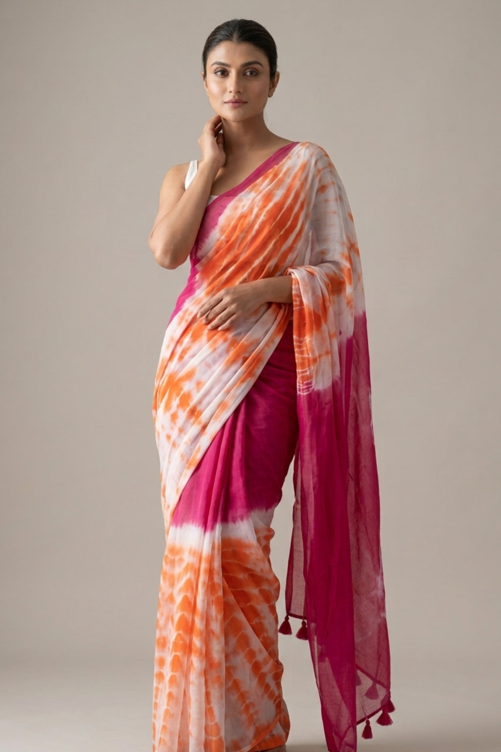 Orange & Magenta Shibori Print Linen Saree with Color-Block Border