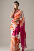 Orange & Magenta Shibori Print Linen Saree with Color-Block Border
