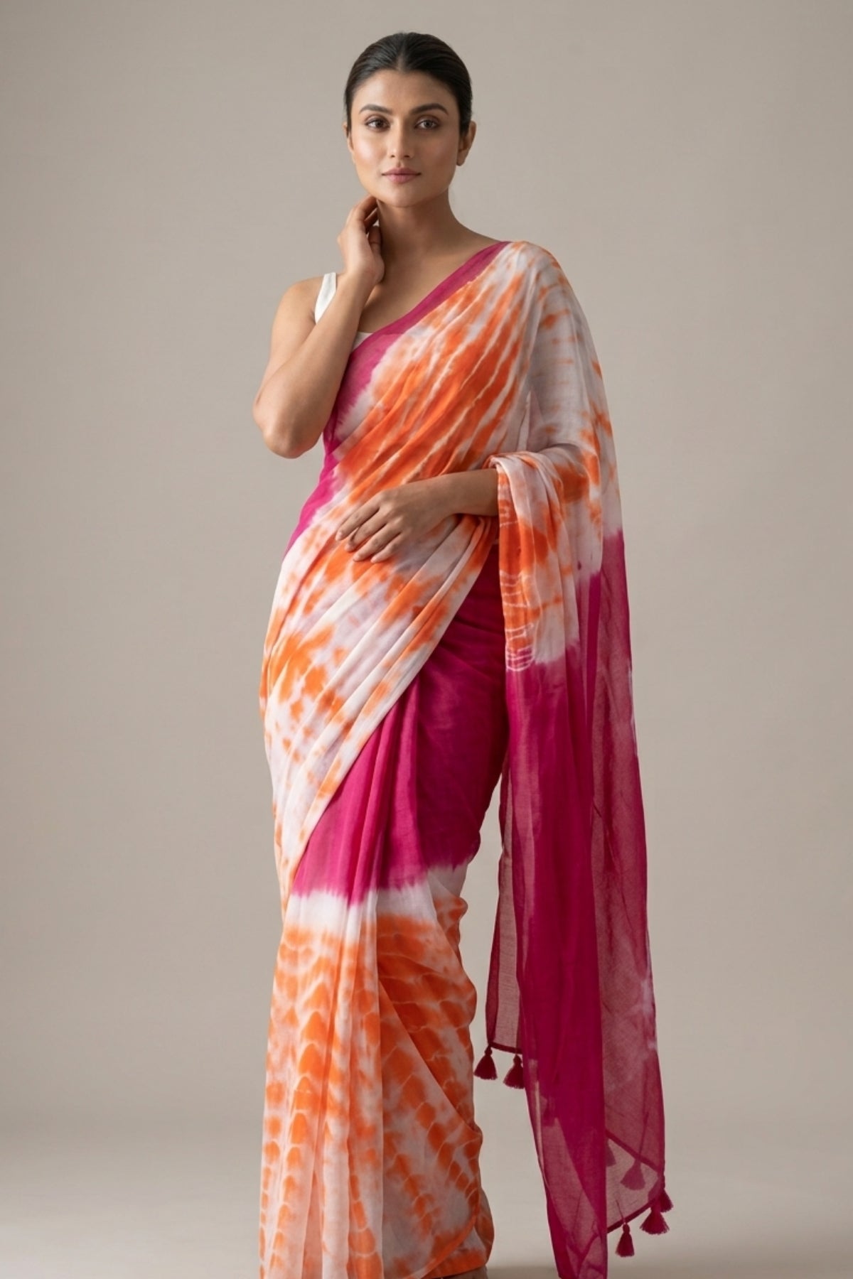 Orange & Magenta Shibori Print Linen Saree with Color-Block Border