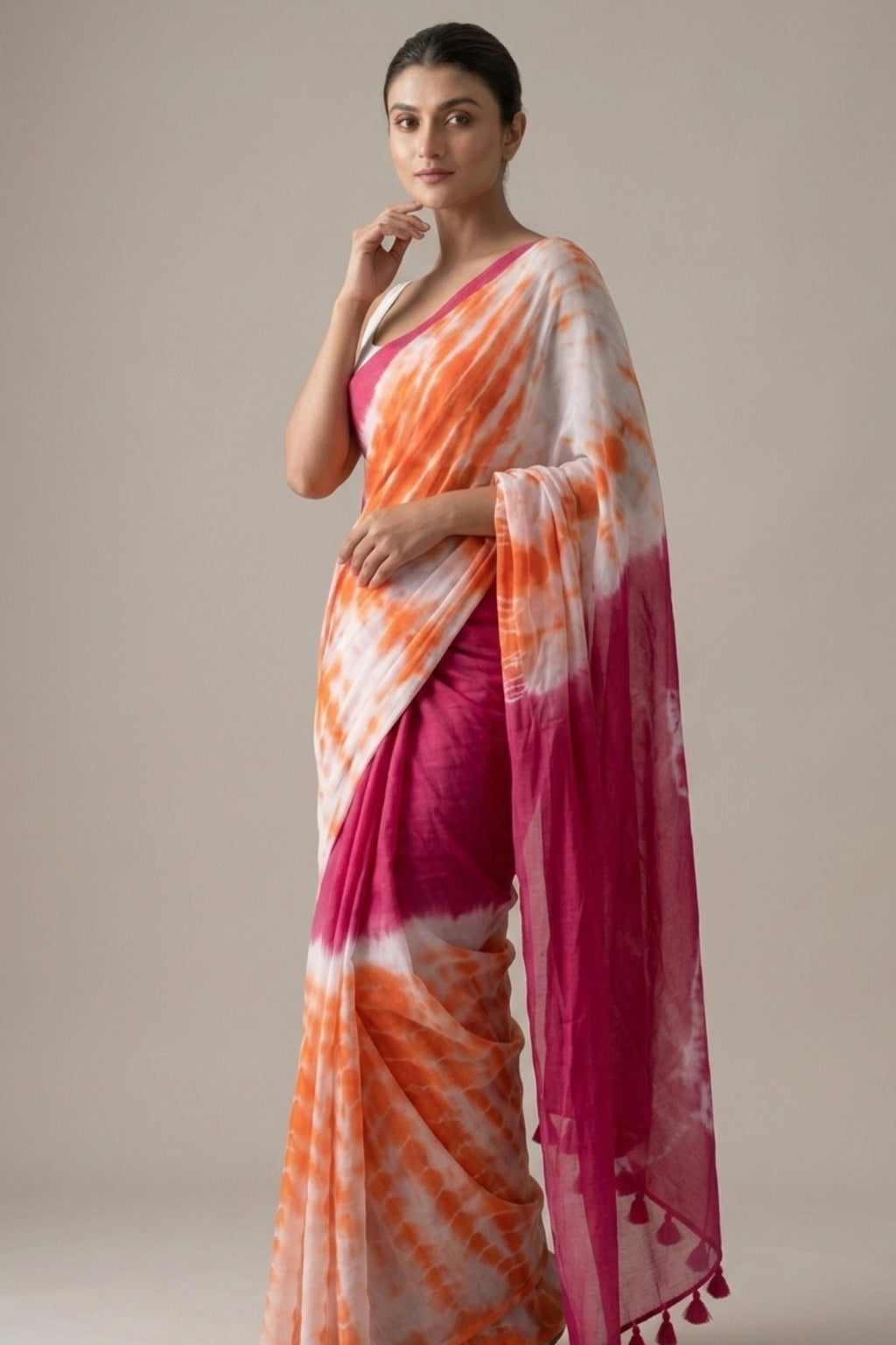 Orange & Magenta Shibori Print Linen Saree with Color-Block Border