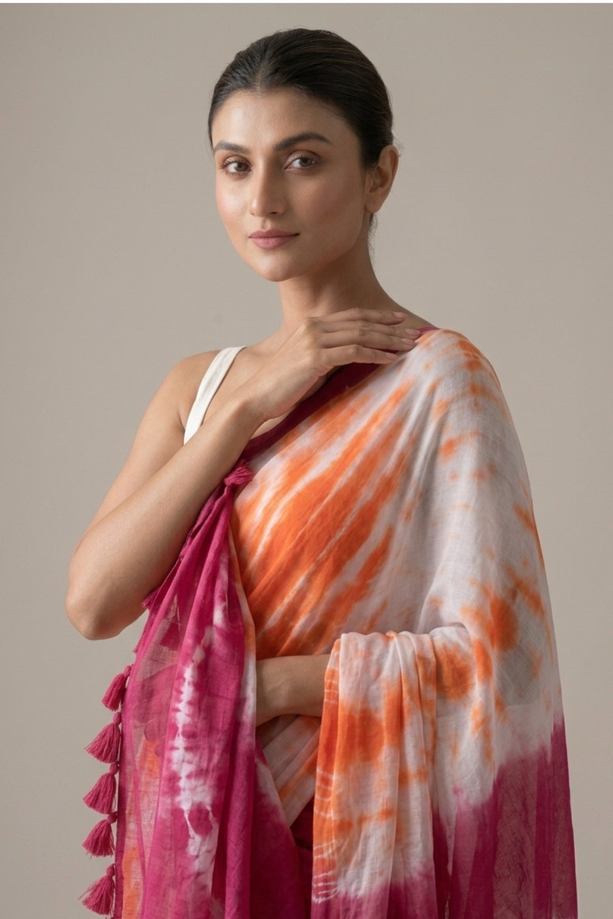 Orange & Magenta Shibori Print Linen Saree with Color-Block Border