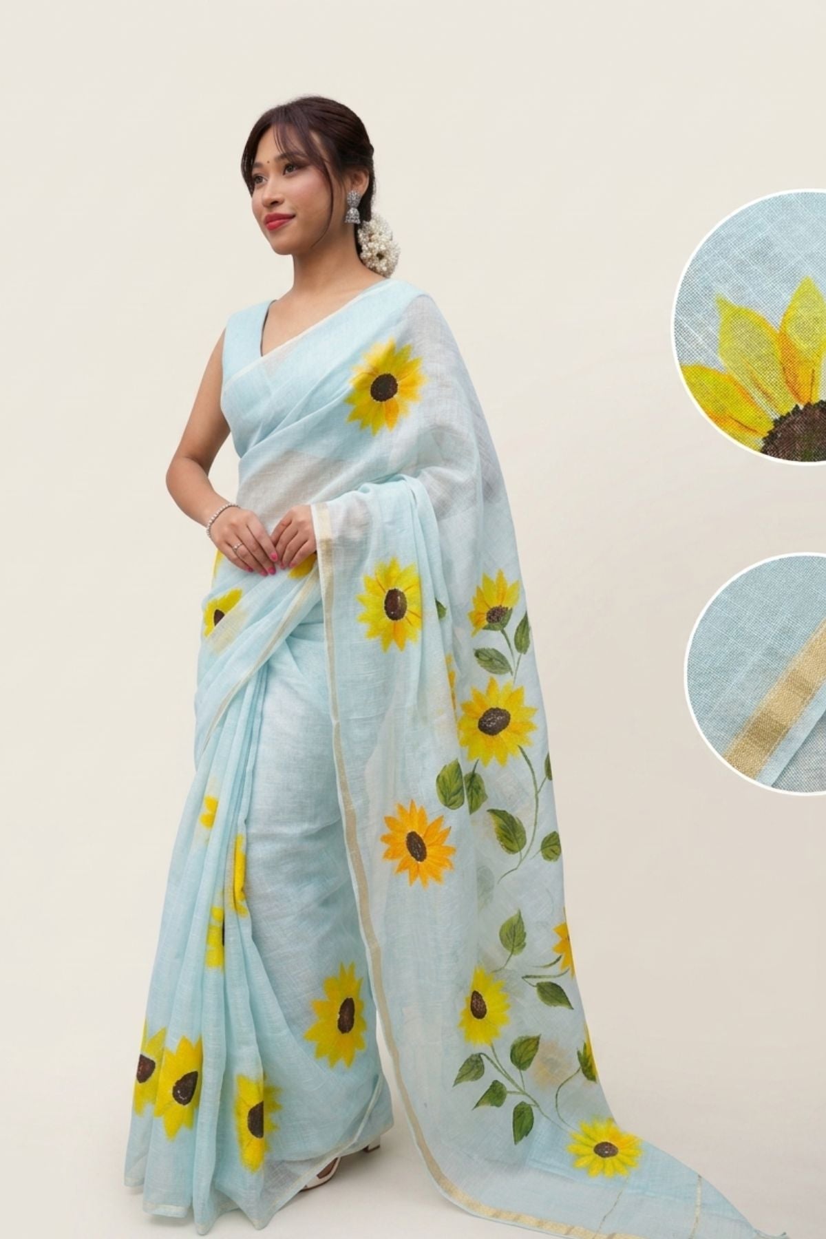 Powder Blue Pure Linen Cotton Saree with Printed Sunflower Motifs