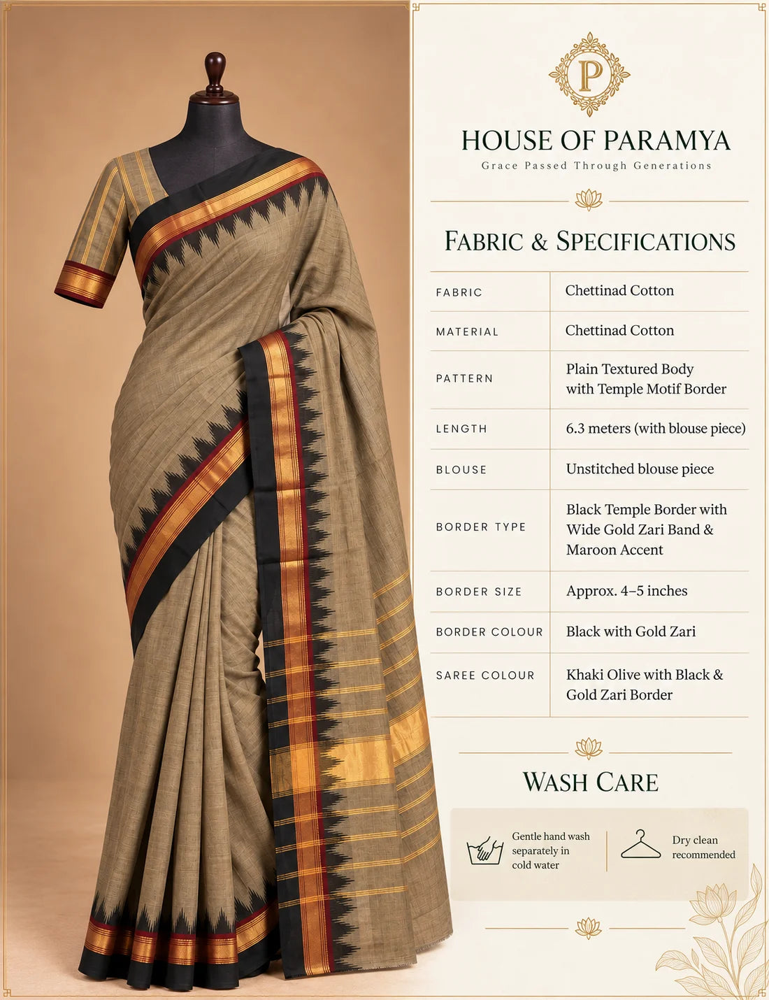 Chettinad Cotton Saree - Khaki Olive with Black Temple Border & Gold Zari