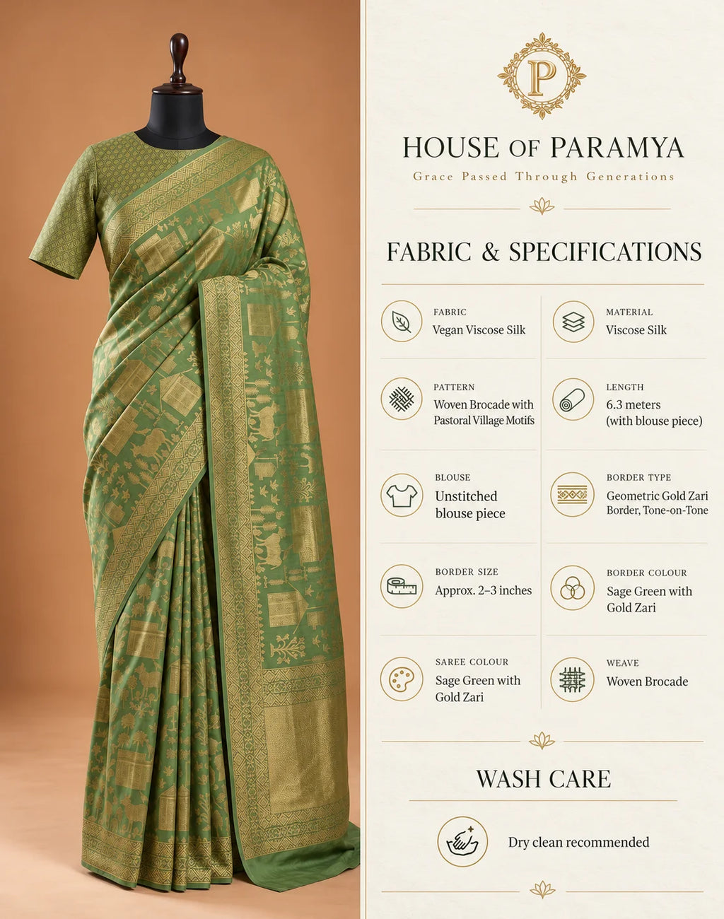 Vegan Viscose Silk Saree - Sage Green with Gold Zari Pastoral Brocade Weave