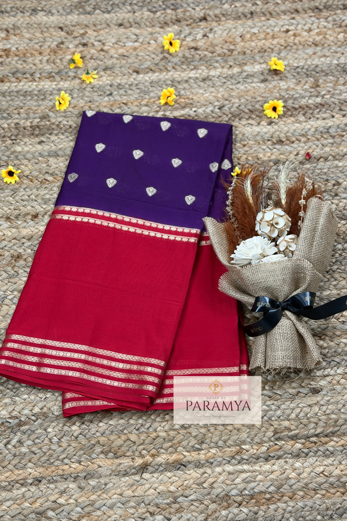 Mysore Crepe Silk Saree in Wine with Floral Motifs & Red Contrast Borders