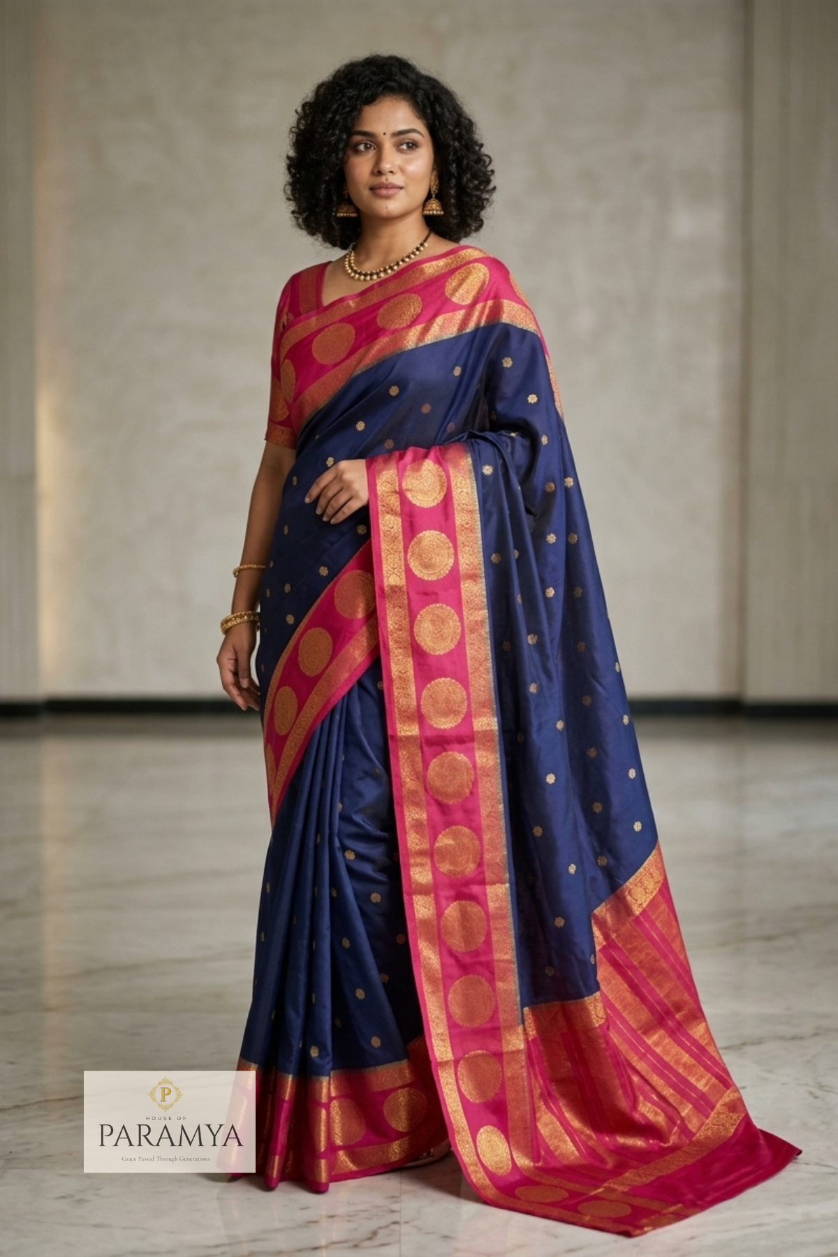Royal Midnight Blue Georgette Silk Saree with Rani Pink