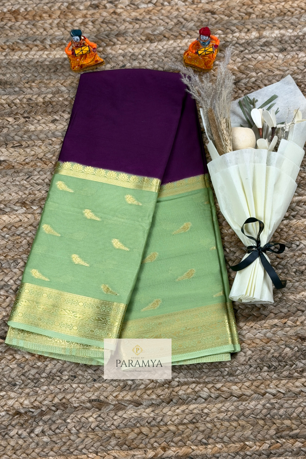 Regal Royal Purple Mysore Silk Saree with Sea Green Contrast Borders & Delicate Bird Motifs