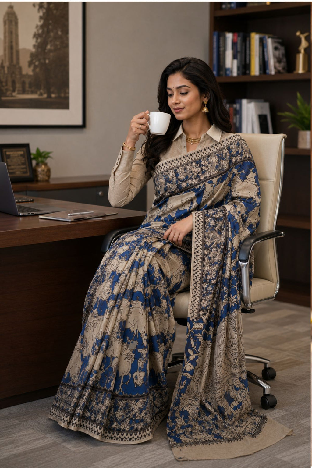 Hand Painted Kalamkari Pitchwai Mul Cotton Saree in Beige & Indigo